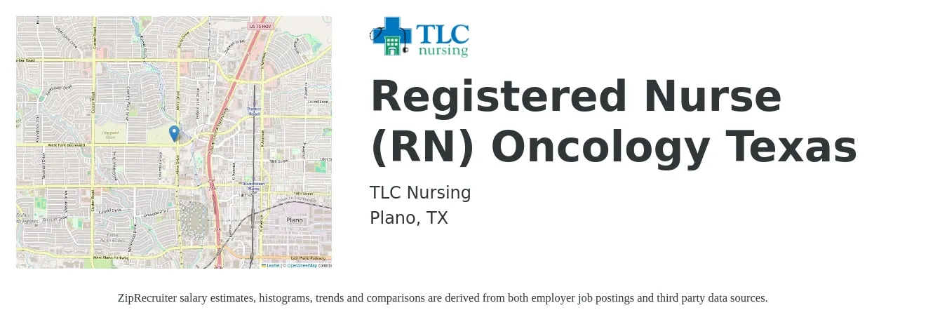 TLC Nursing job posting for a Registered Nurse (RN) Oncology Texas in Plano, TX with a salary of $38 to $64 Hourly with a map of Plano location.