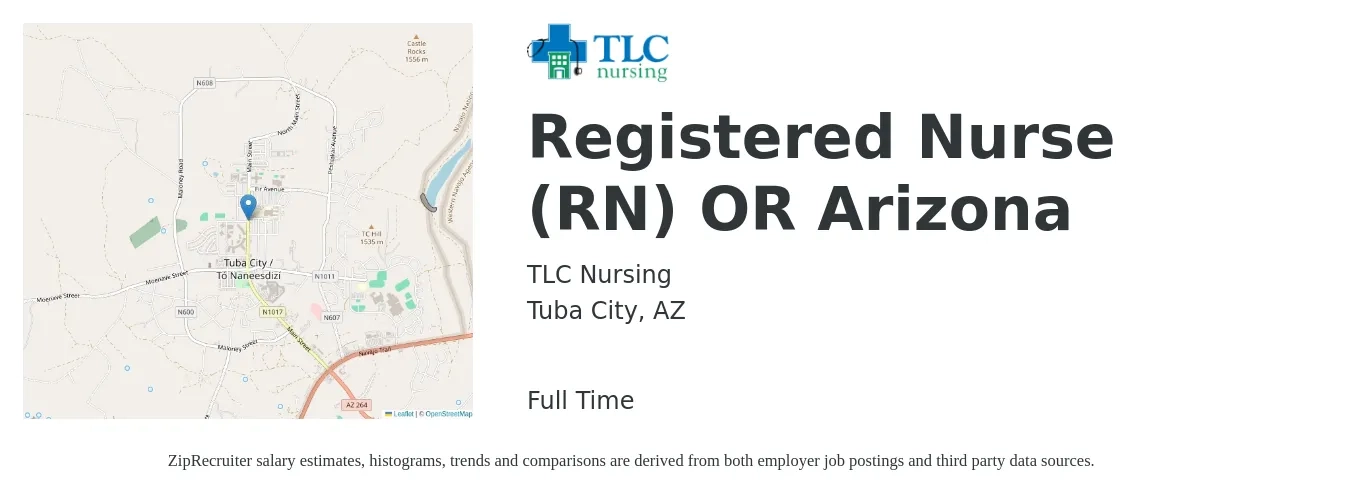 TLC Nursing job posting for a Registered Nurse (RN) OR Arizona in Tuba City, AZ with a salary of $2,270 to $3,530 Weekly with a map of Tuba City location.