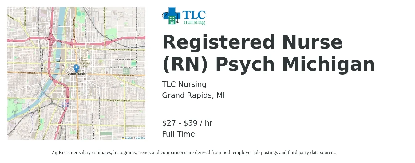TLC Nursing job posting for a Registered Nurse (RN) Psych Michigan in Grand Rapids, MI with a salary of $29 to $41 Hourly with a map of Grand Rapids location.