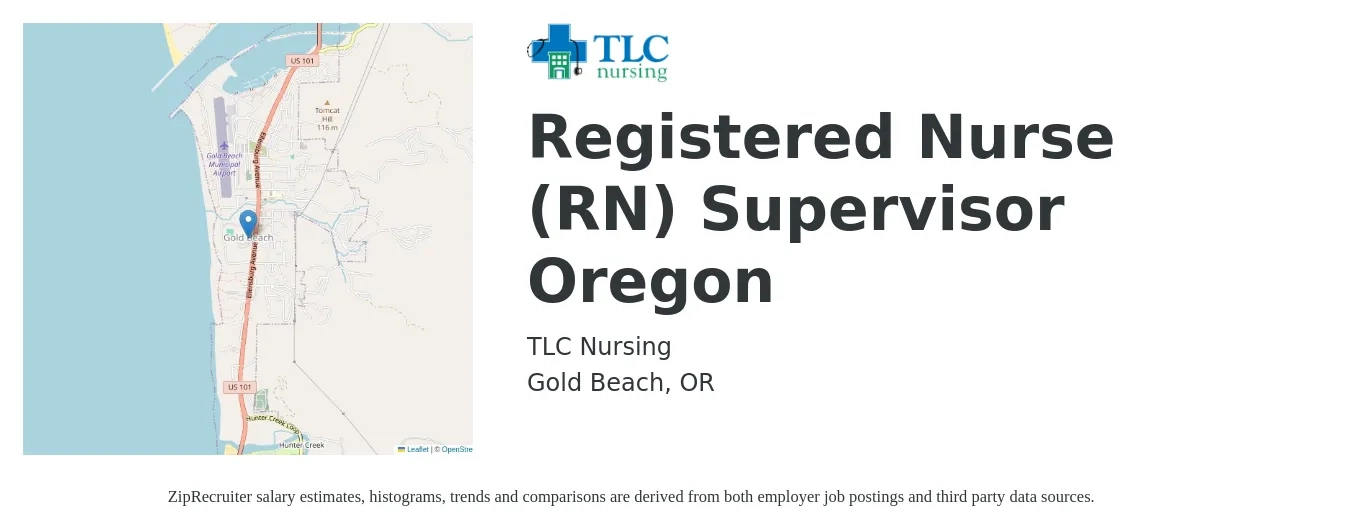 TLC Nursing job posting for a Registered Nurse (RN) Supervisor Oregon in Gold Beach, OR with a salary of $40 to $58 Hourly with a map of Gold Beach location.