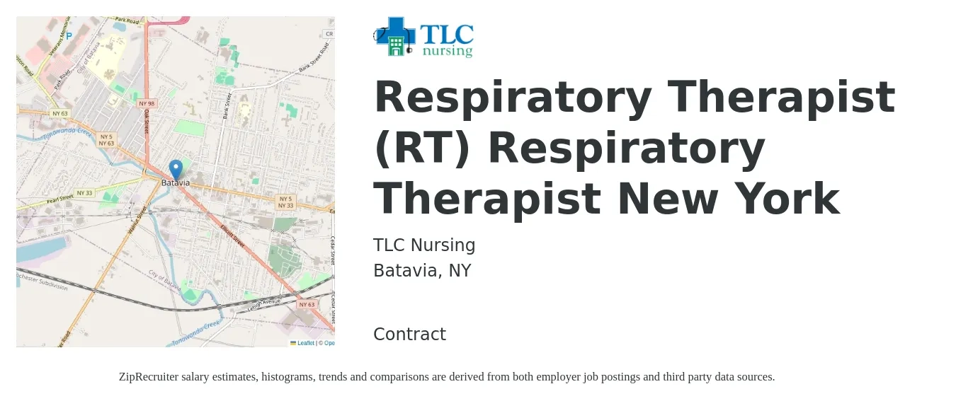 TLC Nursing job posting for a Respiratory Therapist (RT) Respiratory Therapist New York in Batavia, NY with a salary of $30 to $53 Hourly with a map of Batavia location.