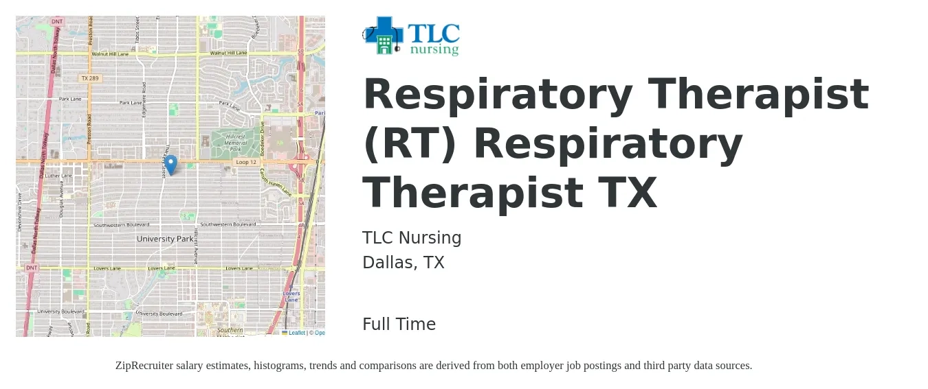 TLC Nursing job posting for a Respiratory Therapist (RT) Respiratory Therapist TX in Dallas, TX with a salary of $31 to $55 Hourly with a map of Dallas location.