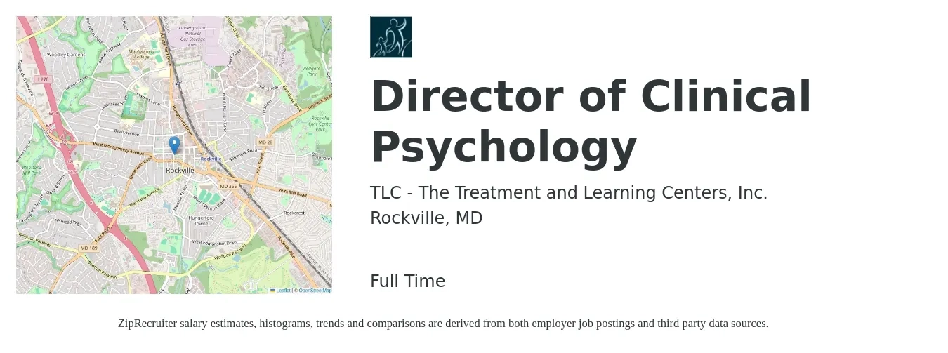 TLC - The Treatment and Learning Centers, Inc. job posting for a Director of Clinical Psychology in Rockville, MD with a salary of $81,500 to $111,100 Yearly with a map of Rockville location.