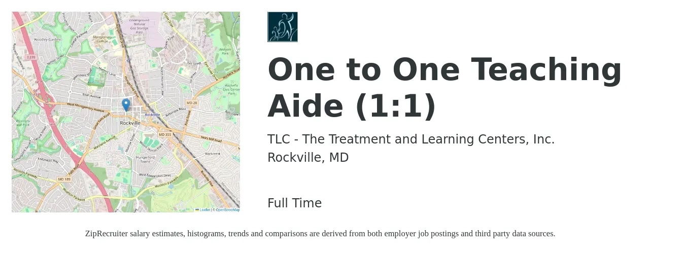 TLC - The Treatment and Learning Centers, Inc. job posting for a One to One Teaching Aide (1:1) in Rockville, MD with a salary of $15 to $20 Hourly with a map of Rockville location.