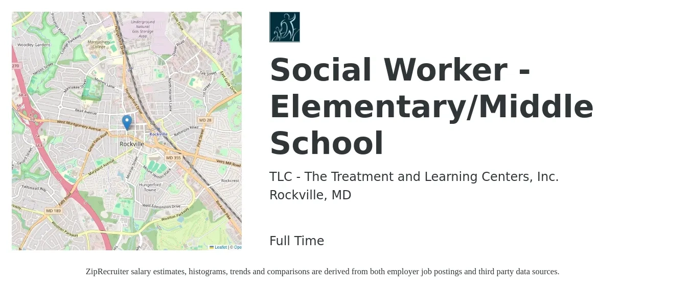 TLC - The Treatment and Learning Centers, Inc. job posting for a Social Worker - Elementary/Middle School in Rockville, MD with a salary of $53,500 to $73,400 Yearly with a map of Rockville location.