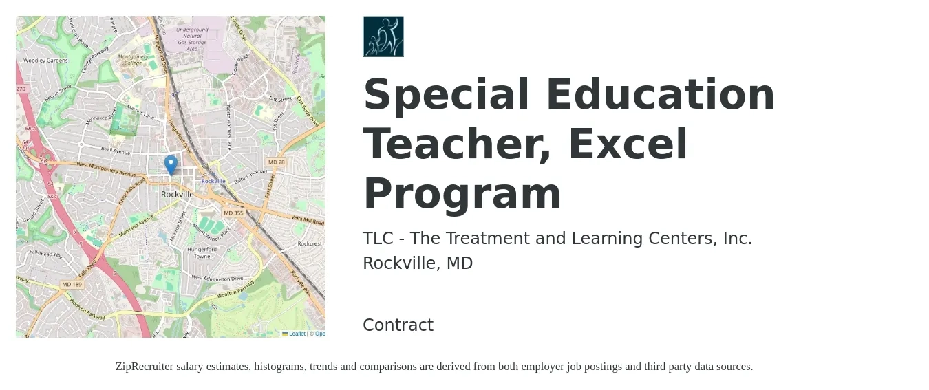 TLC - The Treatment and Learning Centers, Inc. job posting for a Special Education Teacher, Excel Program in Rockville, MD with a salary of $51,000 to $67,300 Yearly with a map of Rockville location.