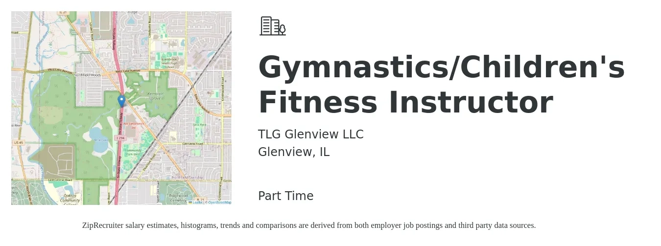 TLG Glenview LLC job posting for a Gymnastics/Children's Fitness Instructor in Glenview, IL with a salary of $14 to $19 Hourly with a map of Glenview location.