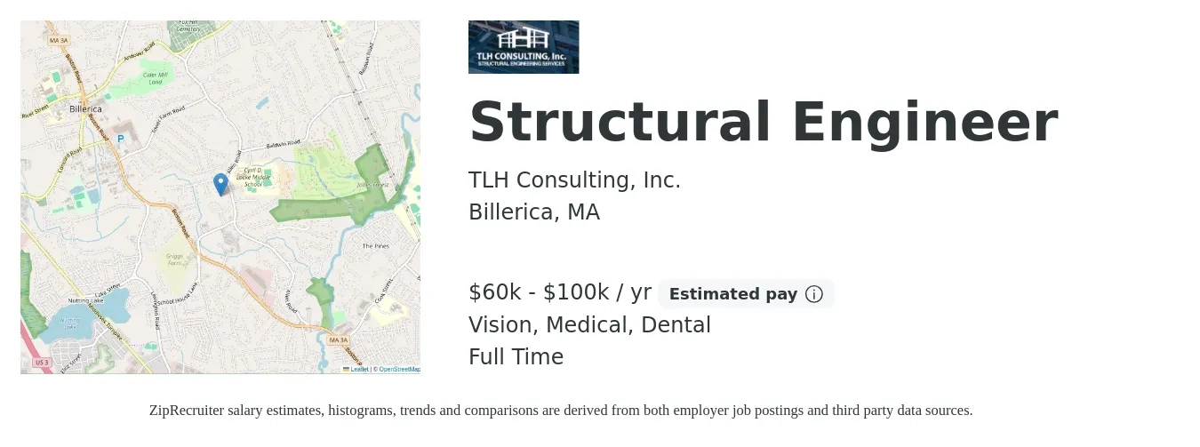 TLH Consulting, Inc. job posting for a Structural Engineer in Billerica, MA with a salary of $60,000 to $100,000 Yearly and benefits including dental, life_insurance, medical, pto, retirement, and vision with a map of Billerica location.
