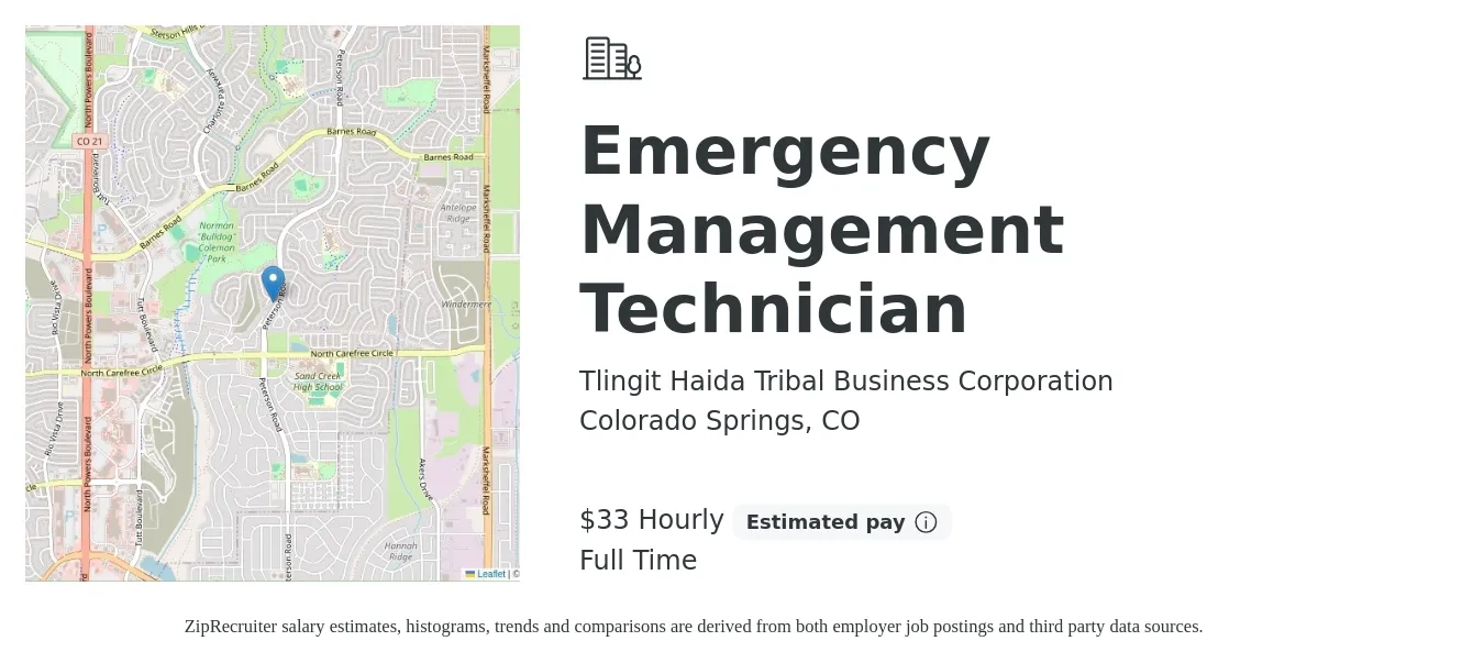 Tlingit Haida Tribal Business Corporation job posting for a Emergency Management Technician in Colorado Springs, CO with a salary of $34 Hourly with a map of Colorado Springs location.