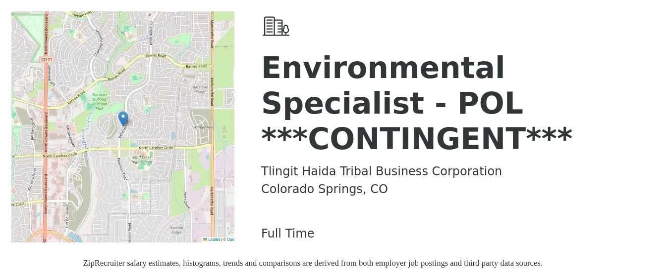 Tlingit Haida Tribal Business Corporation job posting for a Environmental Specialist - POL ***CONTINGENT*** in Colorado Springs, CO with a salary of $59,000 to $69,000 Yearly with a map of Colorado Springs location.