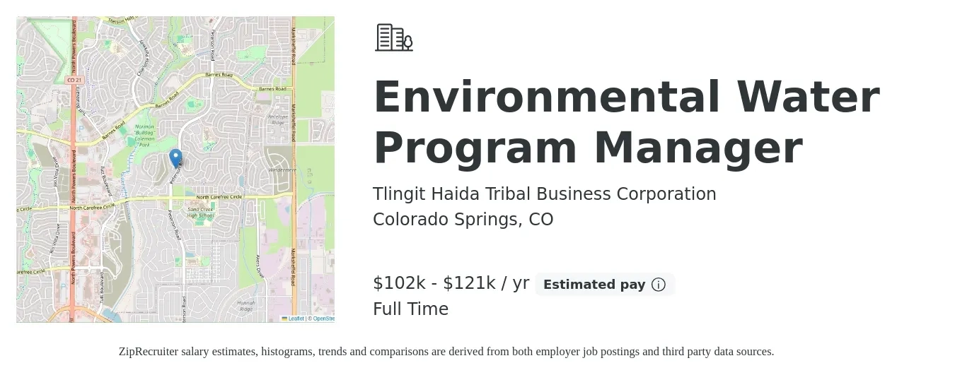 Tlingit Haida Tribal Business Corporation job posting for a Environmental Water Program Manager in Colorado Springs, CO with a salary of $102,000 to $121,000 Yearly with a map of Colorado Springs location.