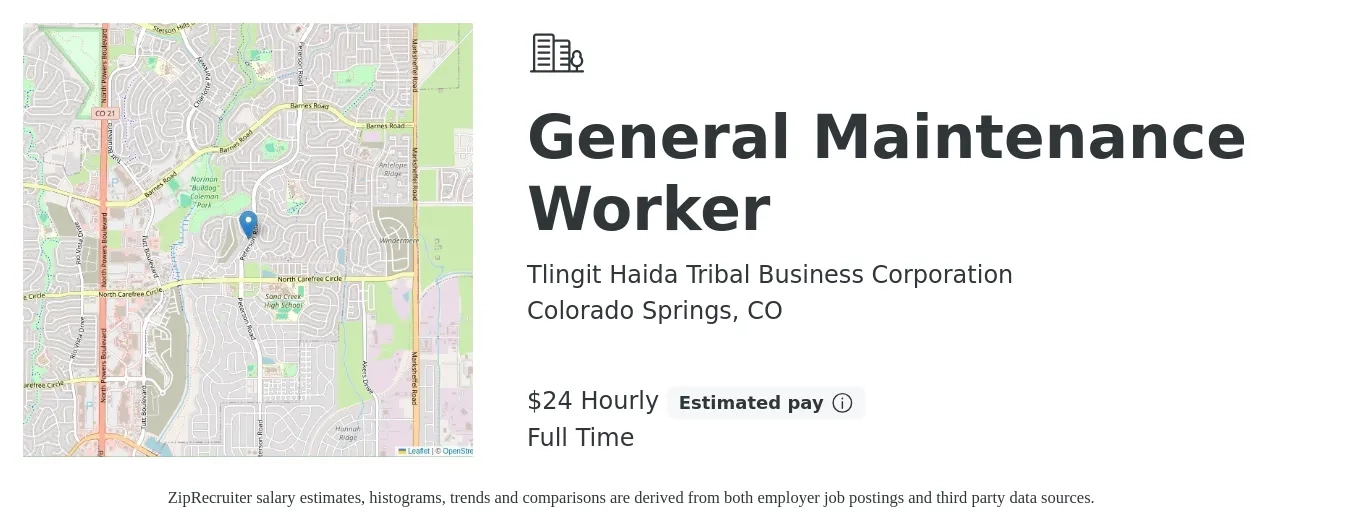 Tlingit Haida Tribal Business Corporation job posting for a General Maintenance Worker in Colorado Springs, CO with a salary of $25 Hourly with a map of Colorado Springs location.