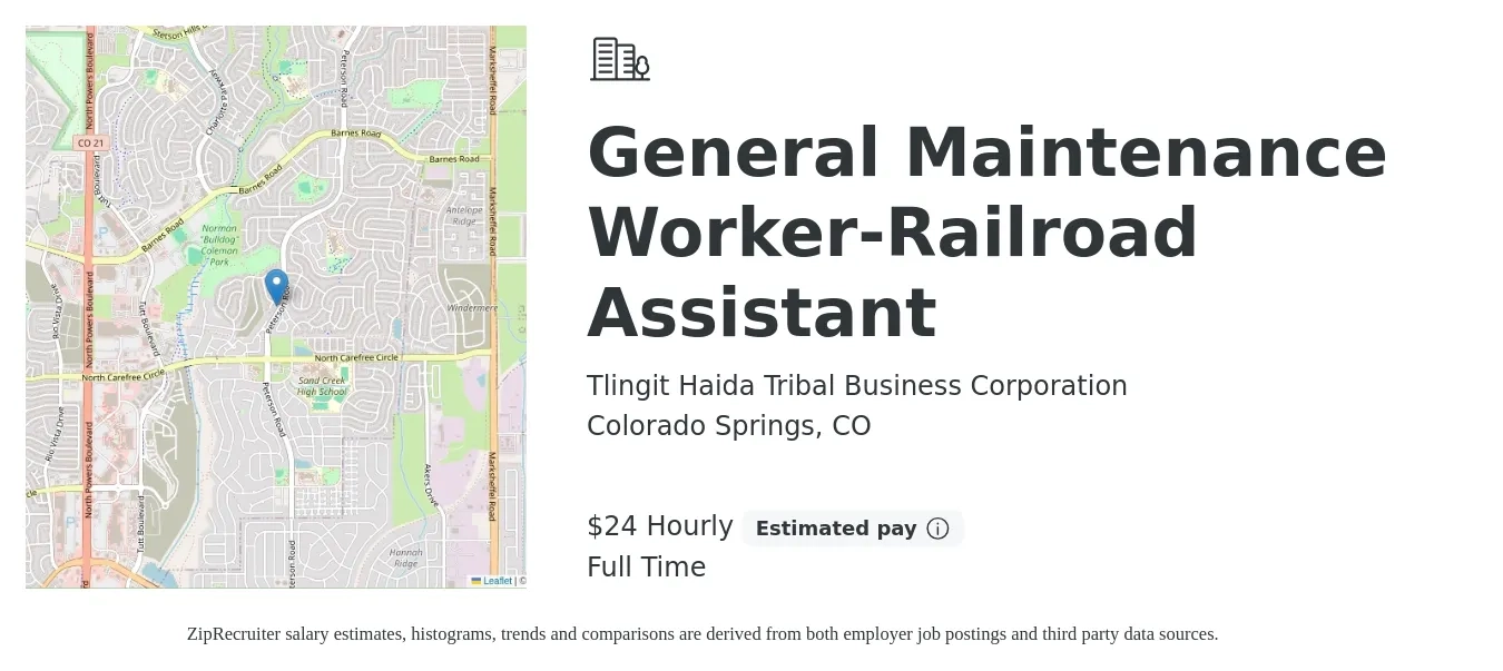 Tlingit Haida Tribal Business Corporation job posting for a General Maintenance Worker-Railroad Assistant in Colorado Springs, CO with a salary of $25 Hourly with a map of Colorado Springs location.