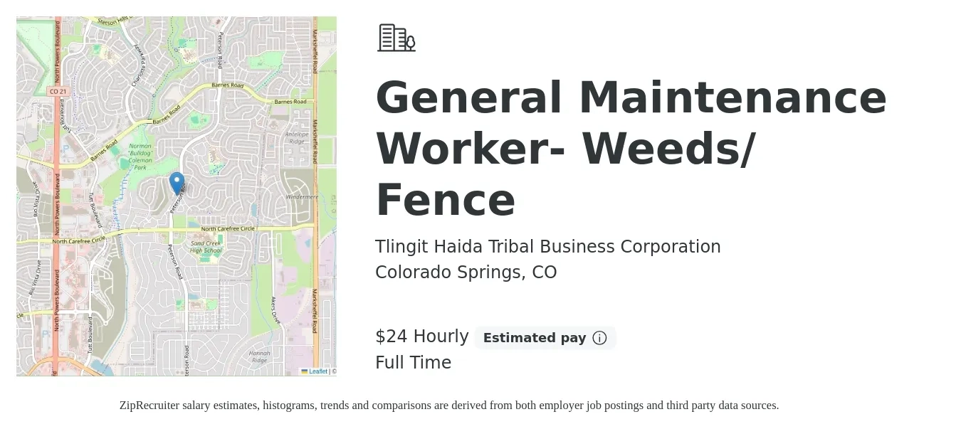 Tlingit Haida Tribal Business Corporation job posting for a General Maintenance Worker- Weeds/ Fence in Colorado Springs, CO with a salary of $25 Hourly with a map of Colorado Springs location.