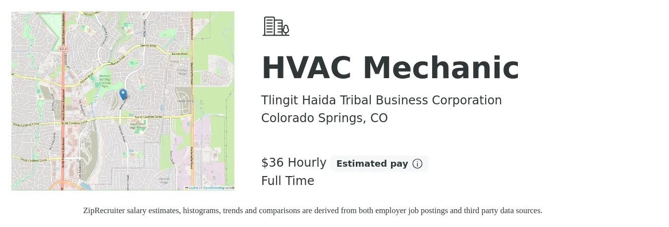 Tlingit Haida Tribal Business Corporation job posting for a HVAC Mechanic in Colorado Springs, CO with a salary of $36 Hourly with a map of Colorado Springs location.