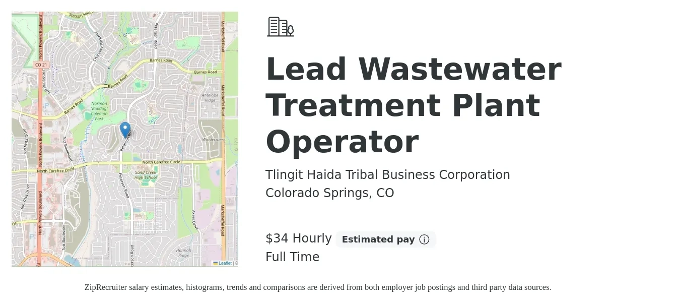 Tlingit Haida Tribal Business Corporation job posting for a Lead Wastewater Treatment Plant Operator in Colorado Springs, CO with a salary of $36 Hourly with a map of Colorado Springs location.