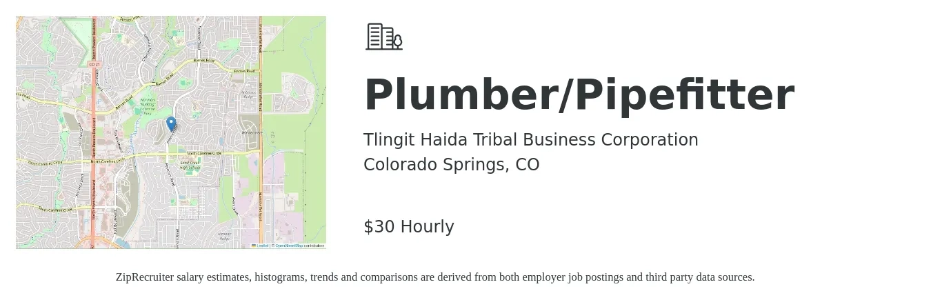 Tlingit Haida Tribal Business Corporation job posting for a Plumber/Pipefitter in Colorado Springs, CO with a salary of $32 Hourly with a map of Colorado Springs location.