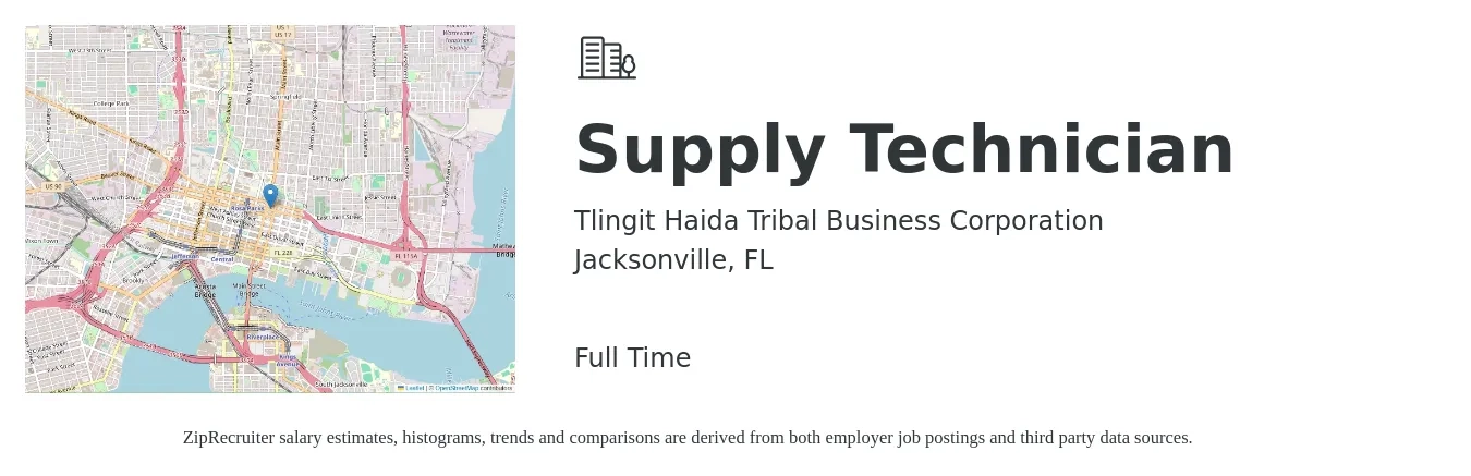 Tlingit Haida Tribal Business Corporation job posting for a Supply Technician in Jacksonville, FL with a salary of $38,900 to $47,700 Yearly with a map of Jacksonville location.