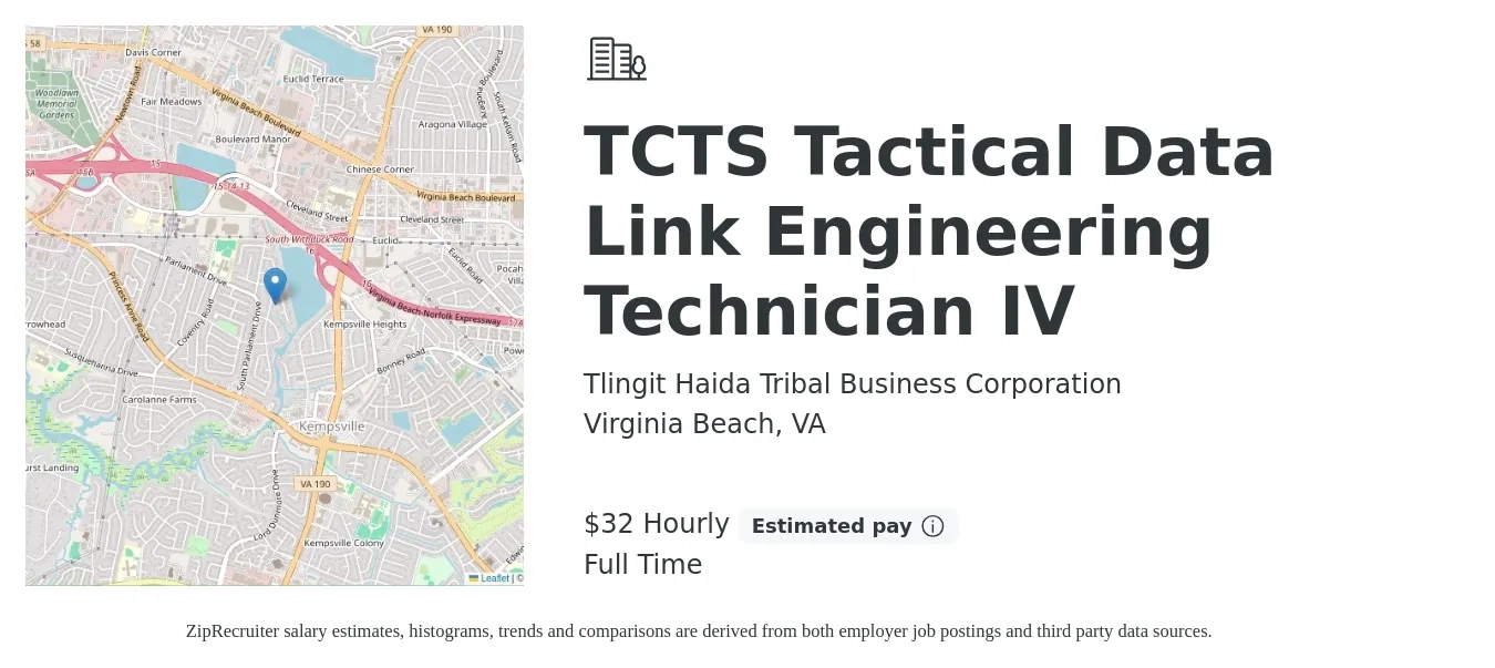 Tlingit Haida Tribal Business Corporation job posting for a TCTS Tactical Data Link Engineering Technician IV in Virginia Beach, VA with a salary of $34 Hourly with a map of Virginia Beach location.