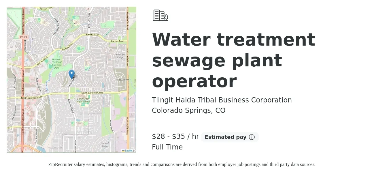 Tlingit Haida Tribal Business Corporation job posting for a Water treatment sewage plant operator in Colorado Springs, CO with a salary of $30 to $37 Hourly with a map of Colorado Springs location.