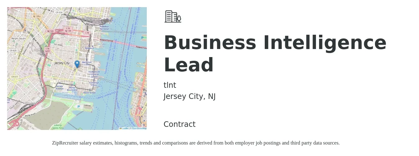 tlnt job posting for a Business Intelligence Lead in Jersey City, NJ with a salary of $55 to $73 Hourly with a map of Jersey City location.