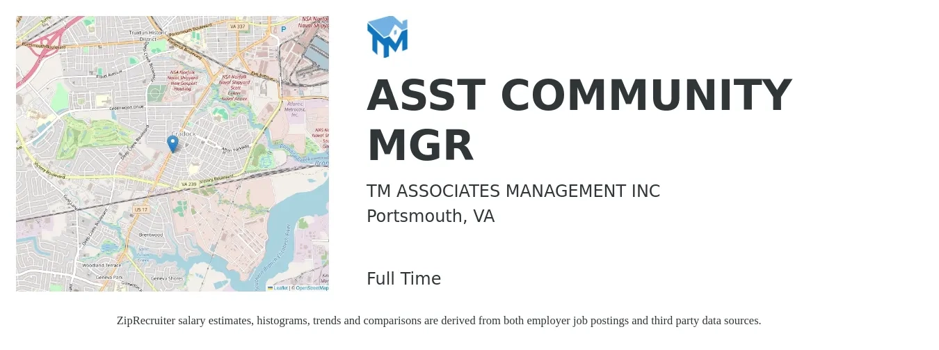 TM ASSOCIATES MANAGEMENT INC job posting for a ASST COMMUNITY MGR in Portsmouth, VA with a salary of $17 to $21 Hourly with a map of Portsmouth location.