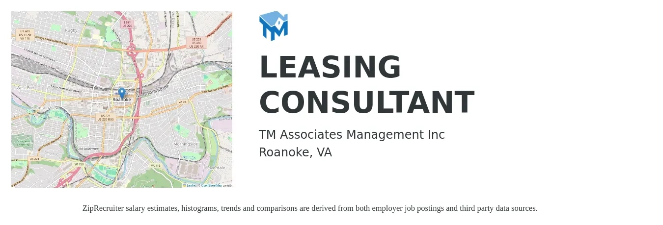 TM ASSOCIATES MANAGEMENT INC job posting for a LEASING CONSULTANT in Roanoke, VA with a salary of $16 to $19 Hourly with a map of Roanoke location.