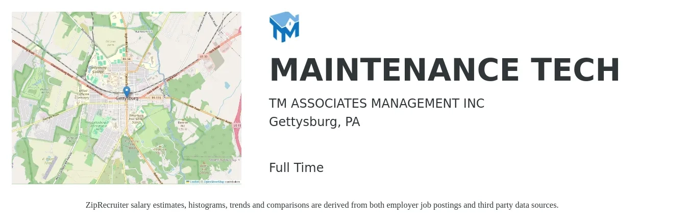 TM ASSOCIATES MANAGEMENT INC job posting for a MAINTENANCE TECH in Gettysburg, PA with a salary of $20 to $28 Hourly with a map of Gettysburg location.