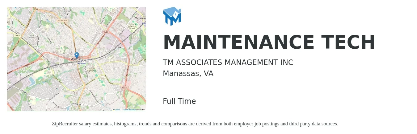 TM ASSOCIATES MANAGEMENT INC job posting for a MAINTENANCE TECH in Manassas, VA with a salary of $19 to $27 Hourly with a map of Manassas location.