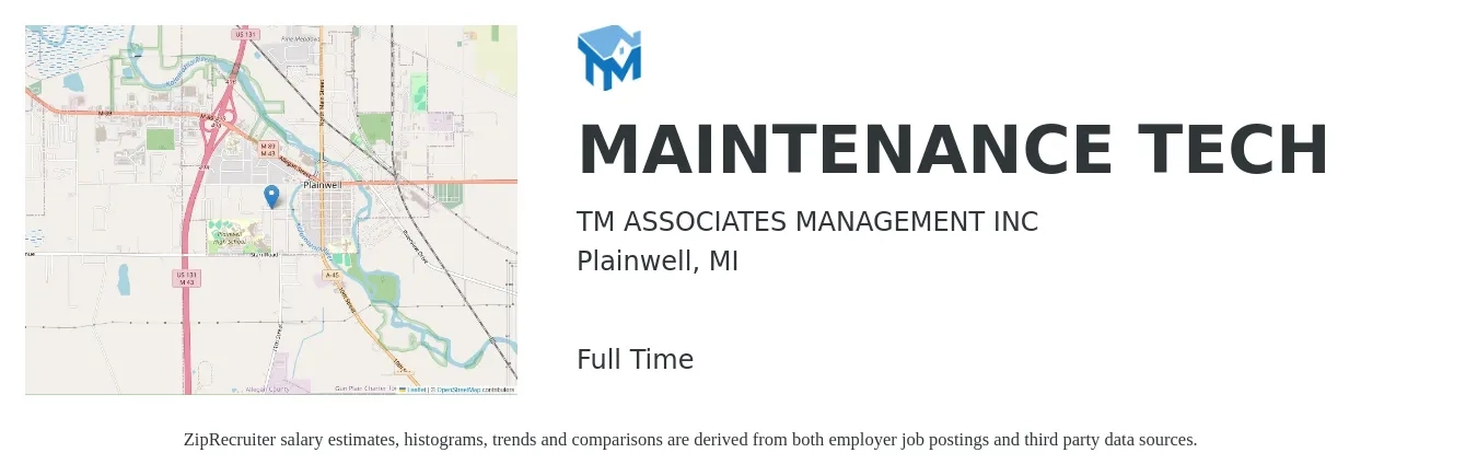 TM ASSOCIATES MANAGEMENT INC job posting for a MAINTENANCE TECH in Plainwell, MI with a salary of $16 to $22 Hourly with a map of Plainwell location.