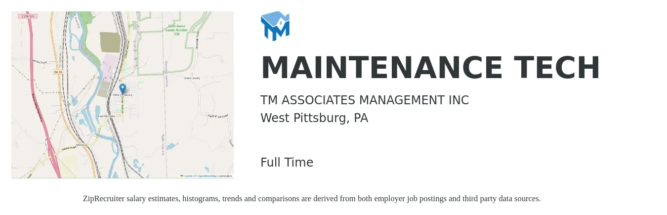 TM ASSOCIATES MANAGEMENT INC job posting for a MAINTENANCE TECH in West Pittsburg, PA with a salary of $17 to $24 Hourly with a map of West Pittsburg location.
