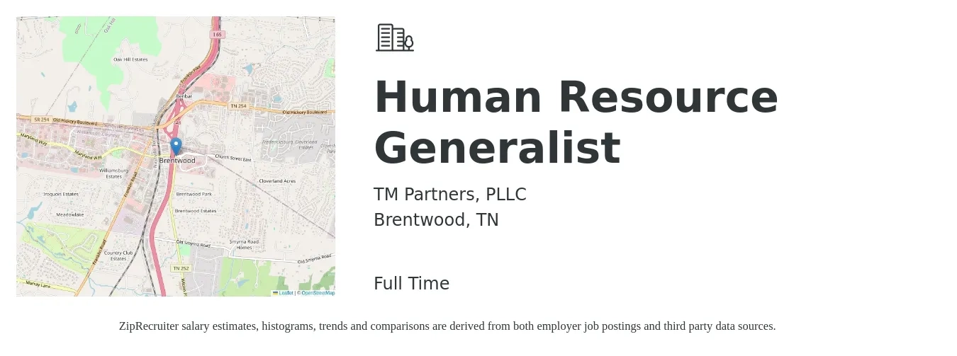TM Partners, PLLC job posting for a Human Resource Generalist in Brentwood, TN with a salary of $49,200 to $70,000 Yearly with a map of Brentwood location.