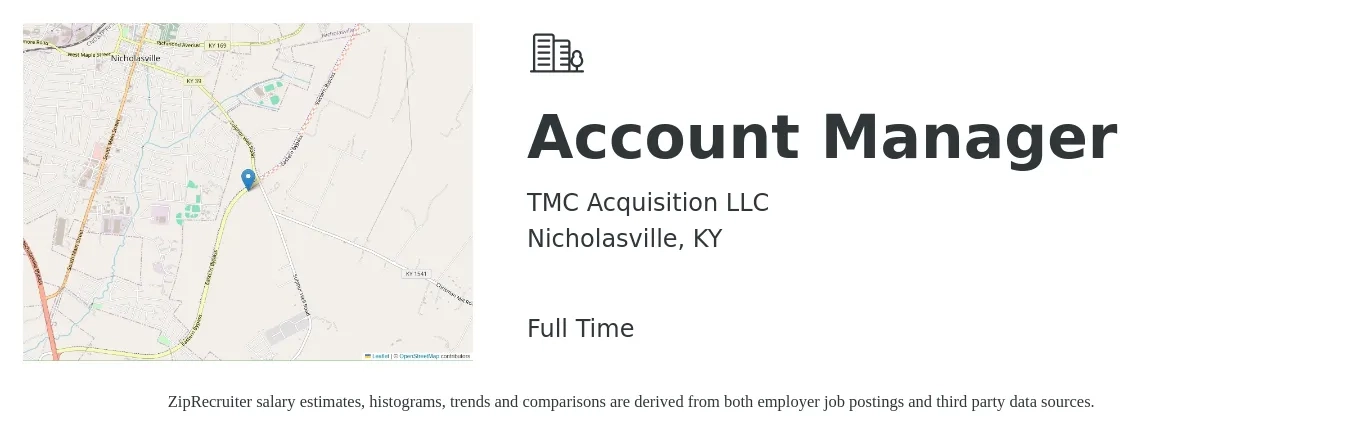 TMC Acquisition LLC job posting for a Account Manager in Nicholasville, KY with a salary of $40,000 to $55,000 Yearly with a map of Nicholasville location.