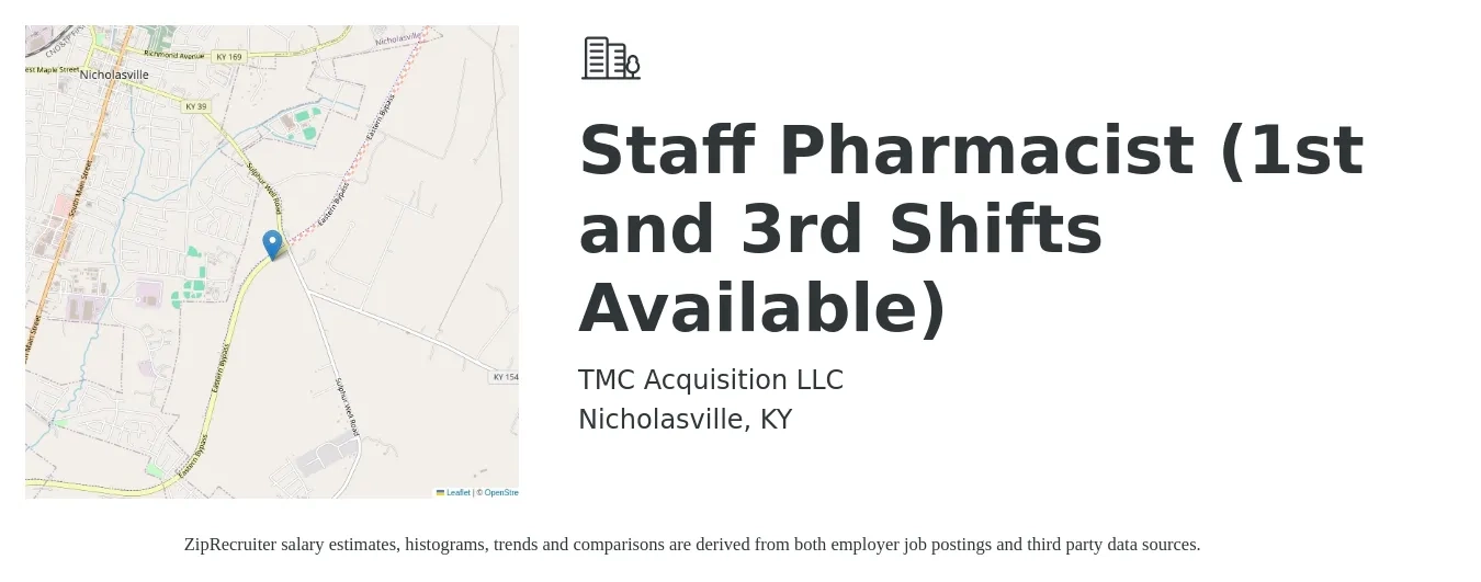 TMC Acquisition LLC job posting for a Staff Pharmacist (1st and 3rd Shifts Available) in Nicholasville, KY with a salary of $125,000 to $150,000 Yearly with a map of Nicholasville location.