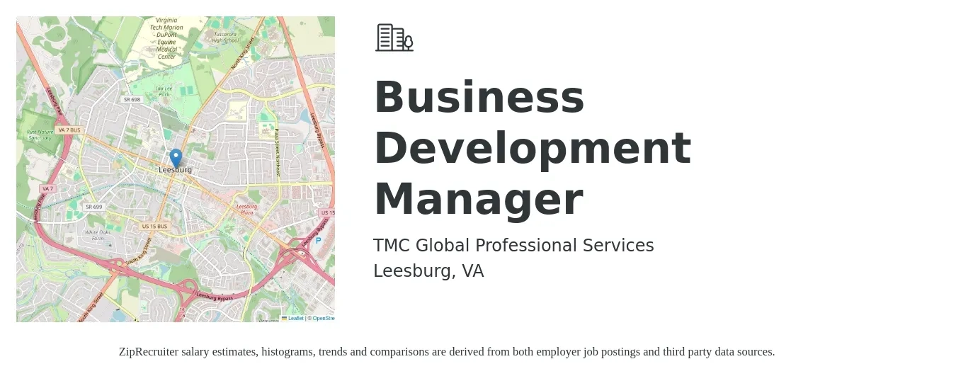 TMC Global Professional Services job posting for a Business Development Manager in Leesburg, VA with a salary of $61,700 to $101,100 Yearly with a map of Leesburg location.