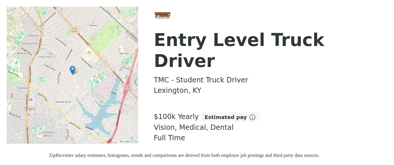 TMC - Student Truck Driver job posting for a Entry Level Truck Driver in Lexington, KY with a salary of $88,000 Yearly and benefits including medical, vision, and dental with a map of Lexington location.