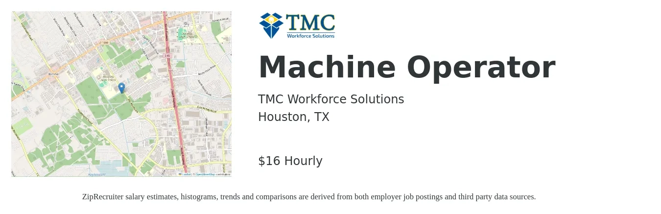 TMC Workforce Solutions job posting for a Machine Operator in Houston, TX with a salary of $17 Hourly and benefits including dental, medical, retirement, and vision with a map of Houston location.