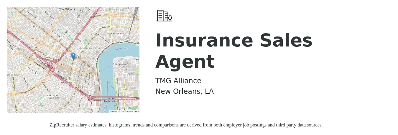 TMG Alliance job posting for a Insurance Sales Agent in New Orleans, LA with a salary of $45,600 to $86,000 Yearly with a map of New Orleans location.