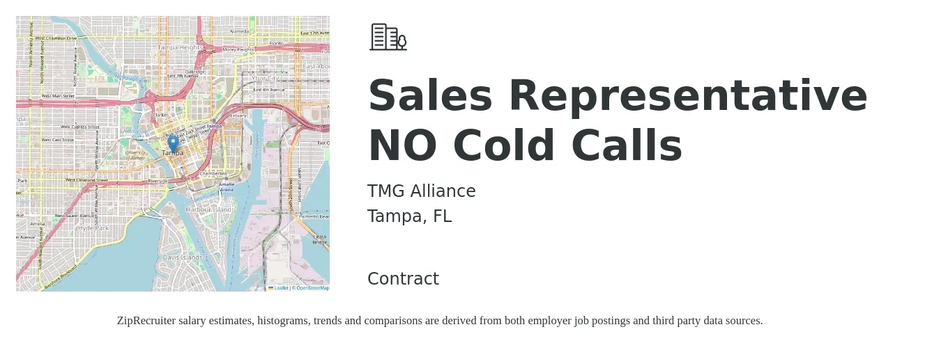 TMG Alliance job posting for a Sales Representative NO Cold Calls in Tampa, FL with a salary of $2,000 to $10,000 Monthly (plus commission) with a map of Tampa location.