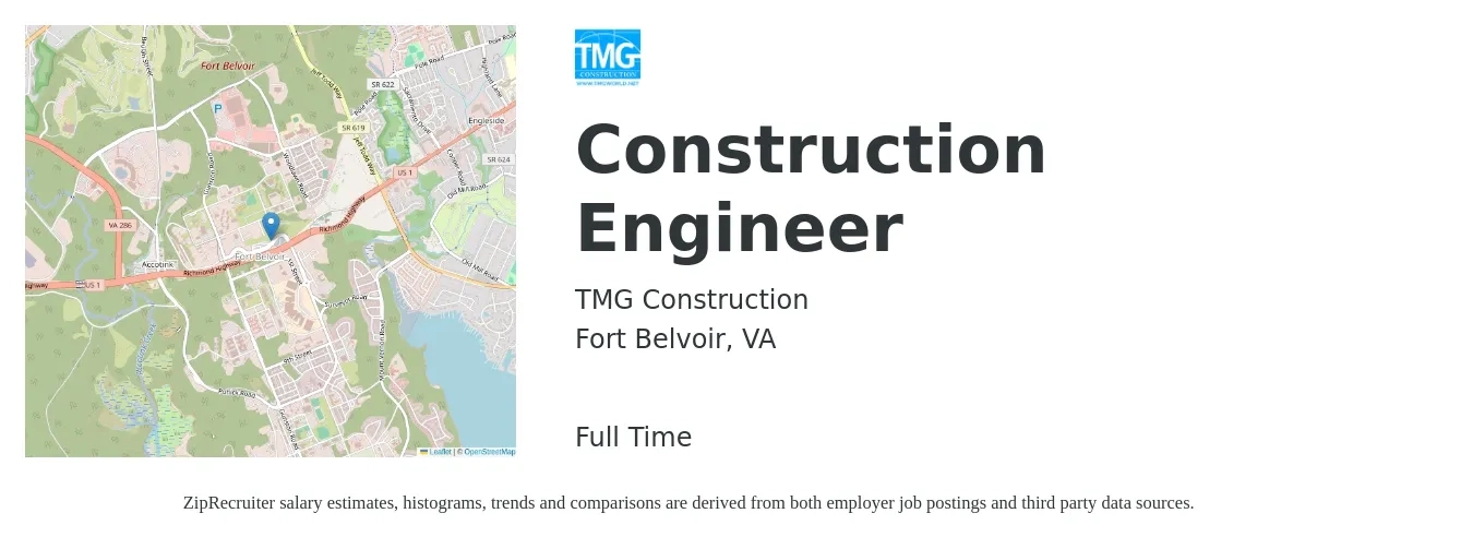 TMG Construction job posting for a Construction Engineer in Fort Belvoir, VA with a salary of $65,000 to $85,000 Yearly with a map of Fort Belvoir location.