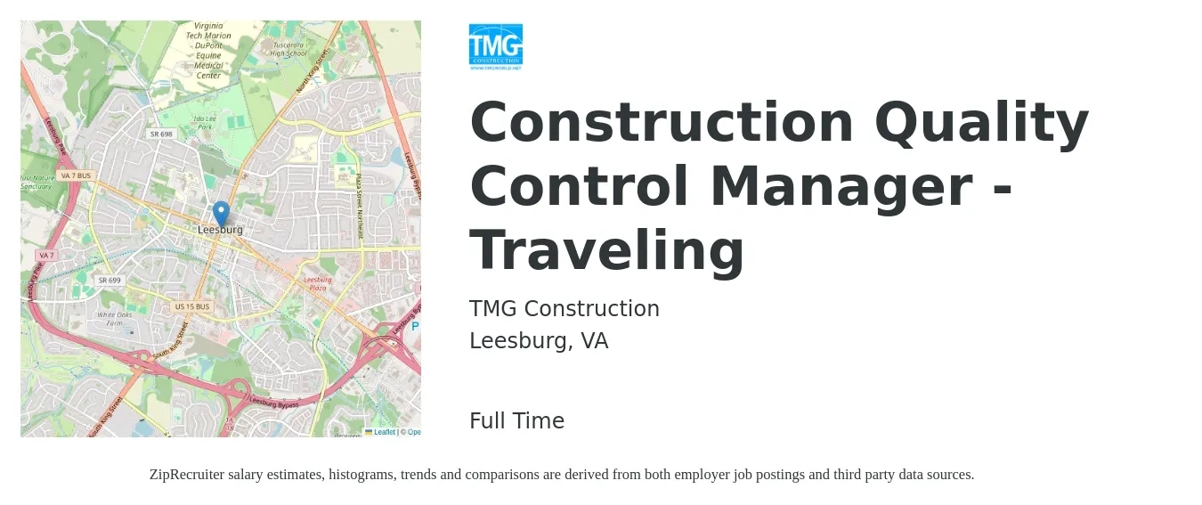 TMG Construction job posting for a Construction Quality Control Manager - Traveling in Leesburg, VA with a salary of $100,000 to $120,000 Yearly with a map of Leesburg location.