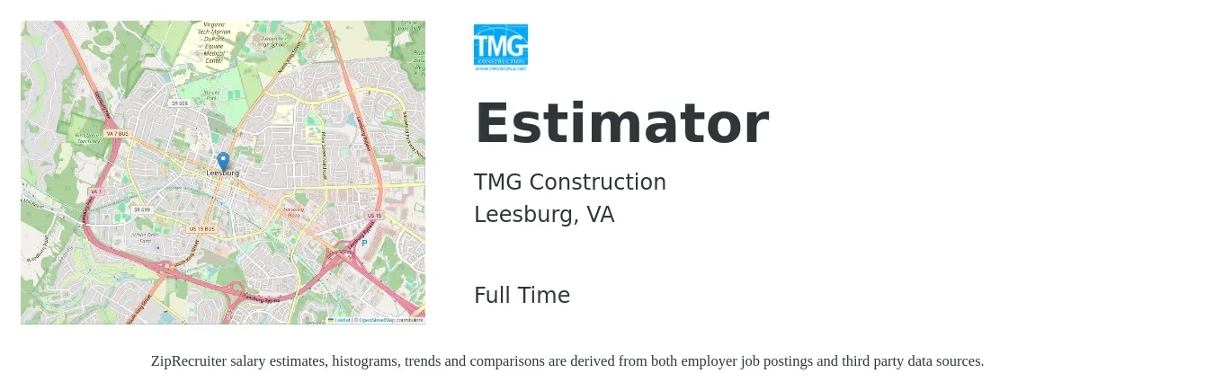 TMG Construction job posting for a Estimator in Leesburg, VA with a salary of $65,400 to $104,400 Yearly with a map of Leesburg location.