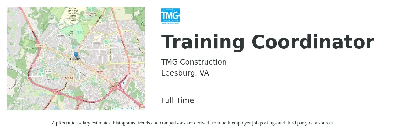 TMG Construction job posting for a Training Coordinator in Leesburg, VA with a salary of $24 to $35 Hourly with a map of Leesburg location.
