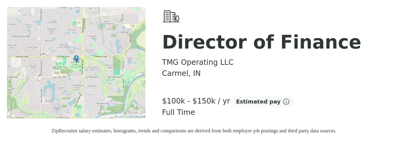 TMG Operating LLC job posting for a Director of Finance in Carmel, IN with a salary of $100,000 to $150,000 Yearly with a map of Carmel location.
