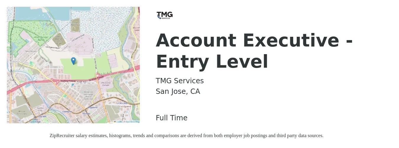 TMG Services job posting for a Account Executive - Entry Level in San Jose, CA with a salary of $800 to $1,300 Weekly with a map of San Jose location.