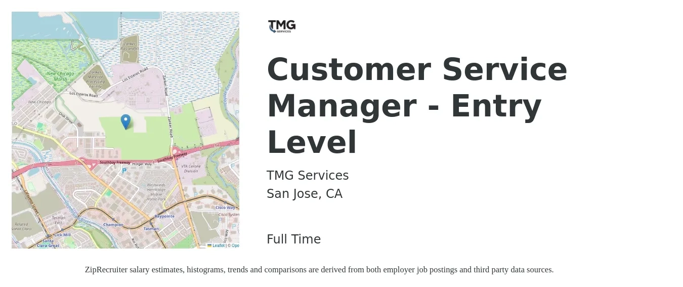 TMG Services job posting for a Customer Service Manager - Entry Level in San Jose, CA with a salary of $47,400 to $81,000 Yearly with a map of San Jose location.