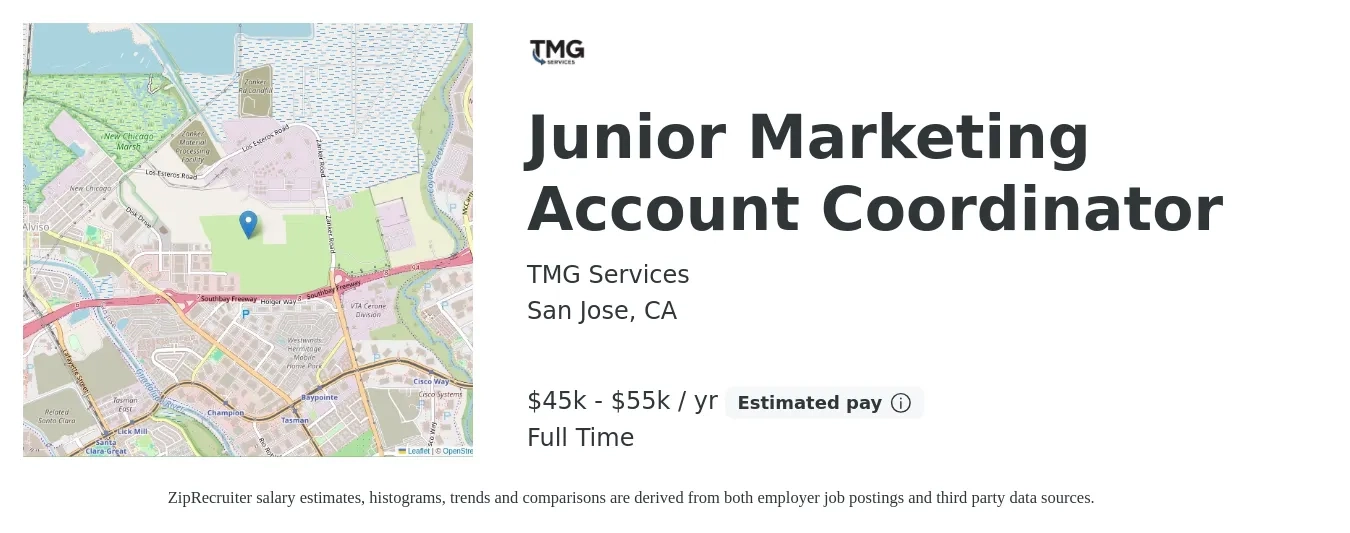 TMG Services job posting for a Junior Marketing Account Coordinator in San Jose, CA with a salary of $45,000 to $55,000 Yearly with a map of San Jose location.