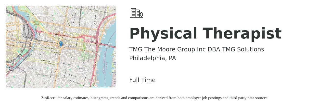 TMG The Moore Group Inc DBA TMG Solutions job posting for a Physical Therapist in Philadelphia, PA with a salary of $1,680 to $2,170 Weekly with a map of Philadelphia location.