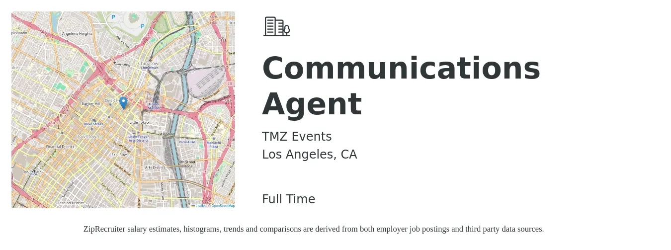 TMZ Events job posting for a Communications Agent in Los Angeles, CA with a salary of $43,100 to $71,700 Yearly with a map of Los Angeles location.