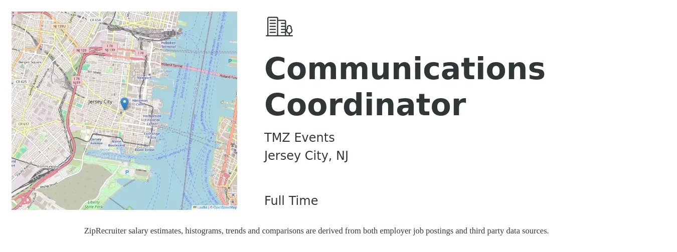 TMZ Events job posting for a Communications Coordinator in Jersey City, NJ with a salary of $48,500 to $69,900 Yearly with a map of Jersey City location.
